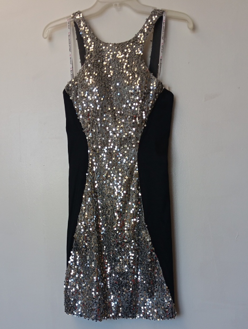 Vintage Silver Sequin Panel Mini Dress with Black Sides - Women